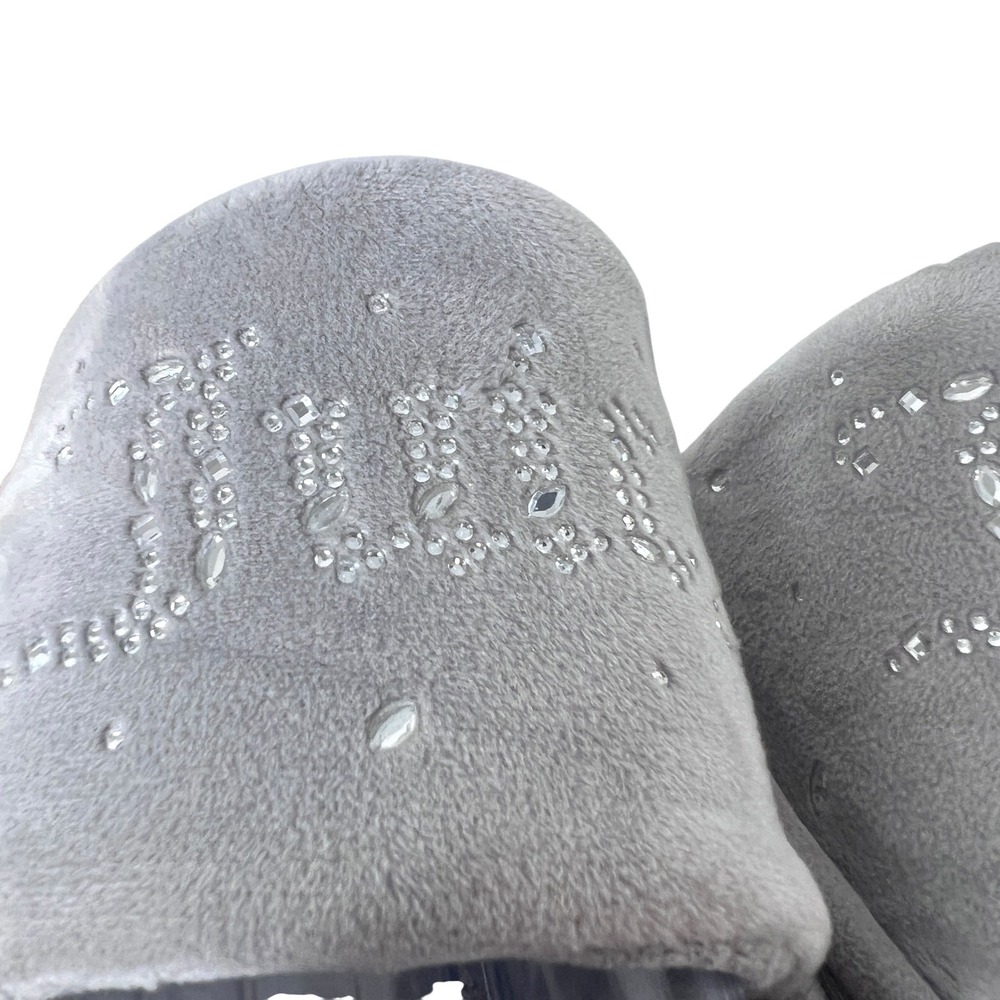 Juicy Couture Slide Slippers Womens M Grey Rhinestone Logo Faux Fur Plush - Picture 8 of 10